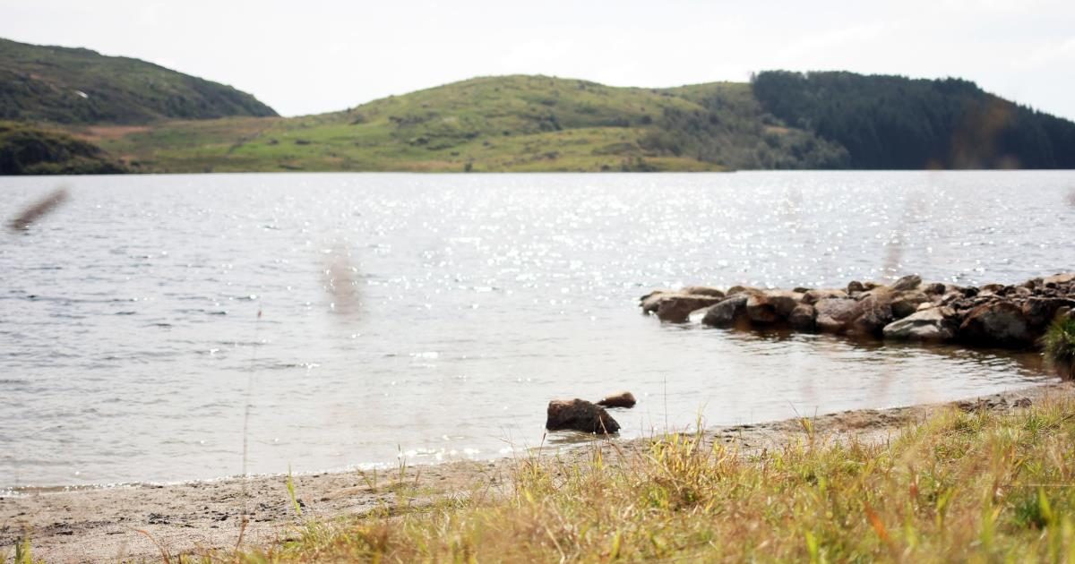 Sandstrand og svaberg ved Åsvatnet i Time kommune, eit lite ferskvann i Åsen aust for Lyefjell