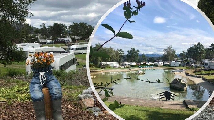 Grindafjord Feriesenter ved Grindafjorden i Tysvær med naturbasseng og campingvogner langs sjøen