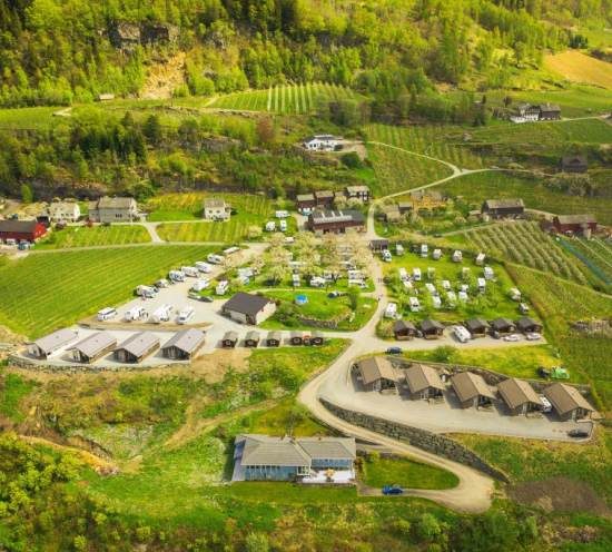Lofthus Camping i frukthagene ved Sørfjorden med utsikt mot Folgefonna
