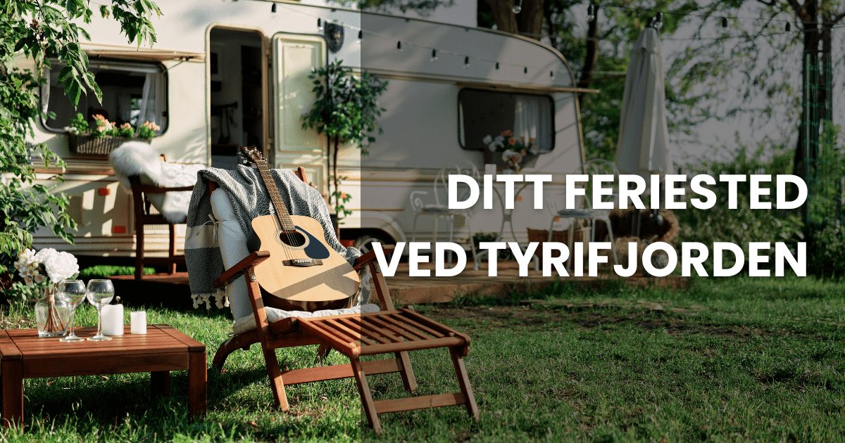 Campingvogner og bobiler på gressplenen ved langgrunn sandstrand på Onsakervika ved Tyrifjorden
