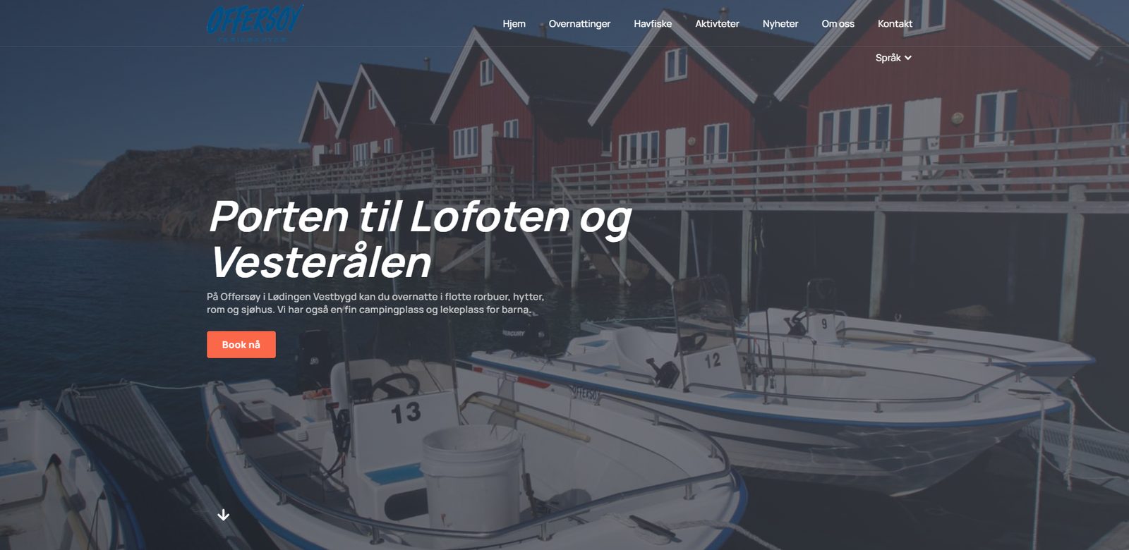 Offersøy Feriesenter med rorbuer og marina på sørspissen av Hinnøya