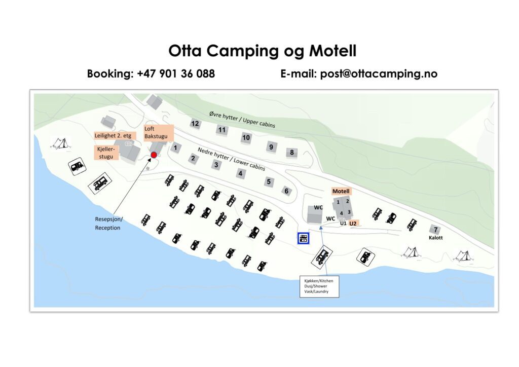 Otta Camping og Motell langs Ottaelva med fjell i bakgrunnen