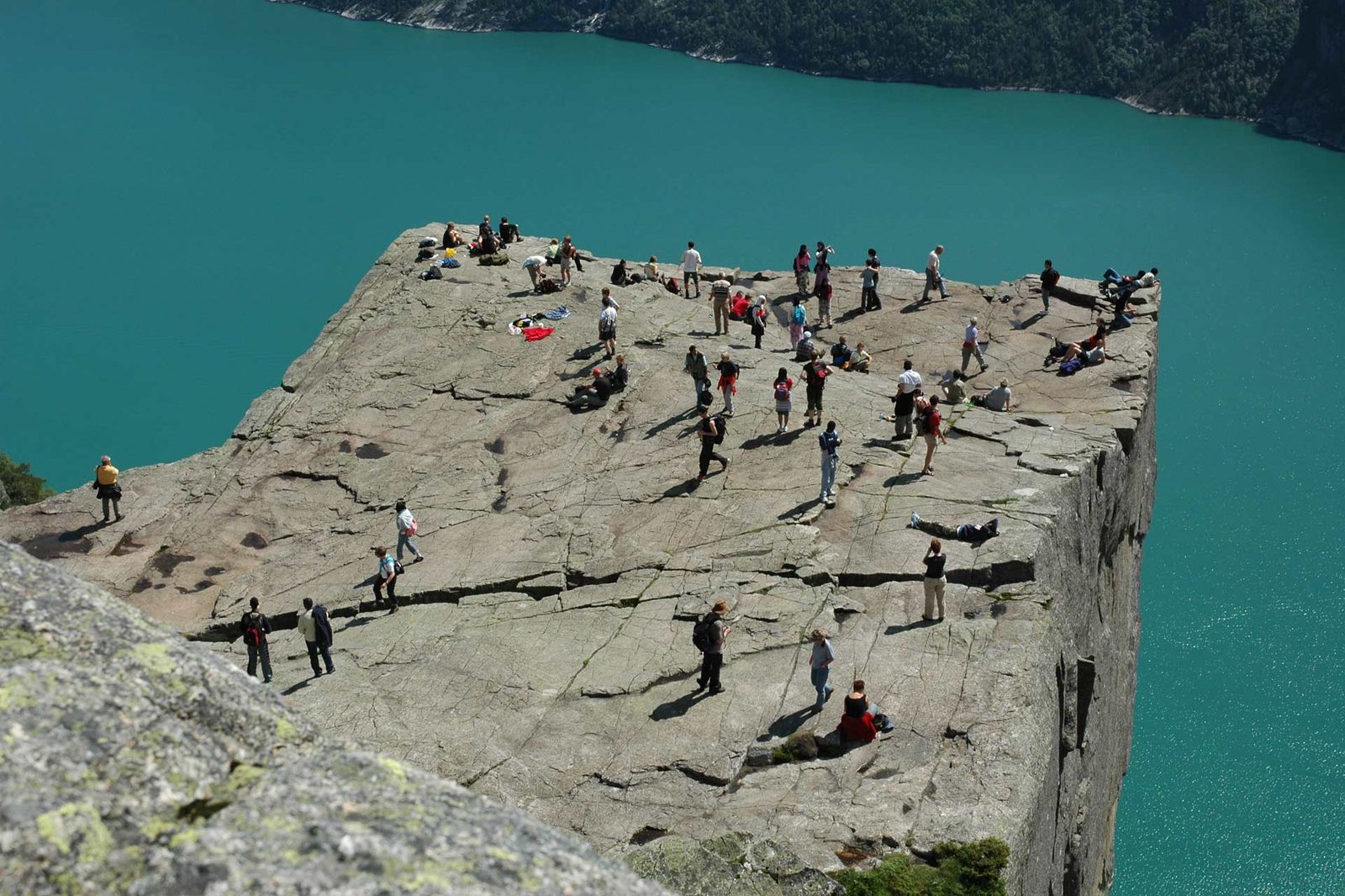 Bobiler og telt på Preikestolen Camping med skog og fjell i bakgrunnen