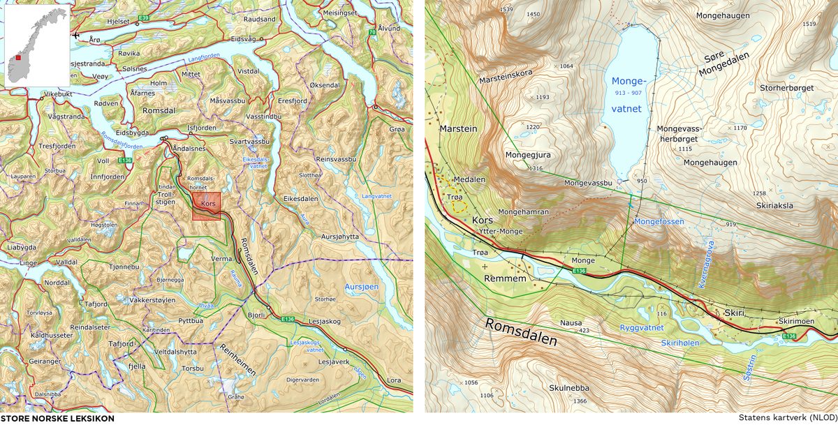 Mongefossen stuper 773 meter ned bratt fjellside i Romsdalen sett fra E136