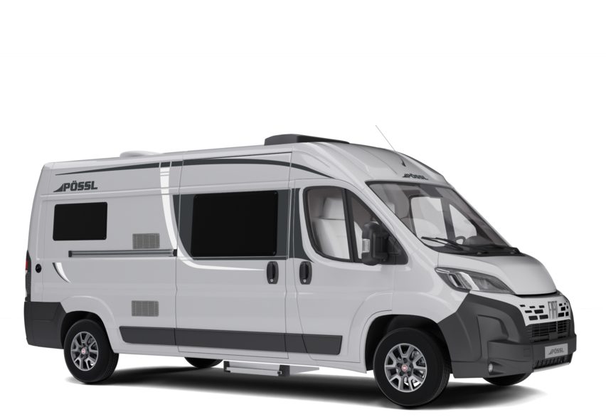 Pössl 2Win Plus kassebil på Fiat Ducato sett skrått forfra