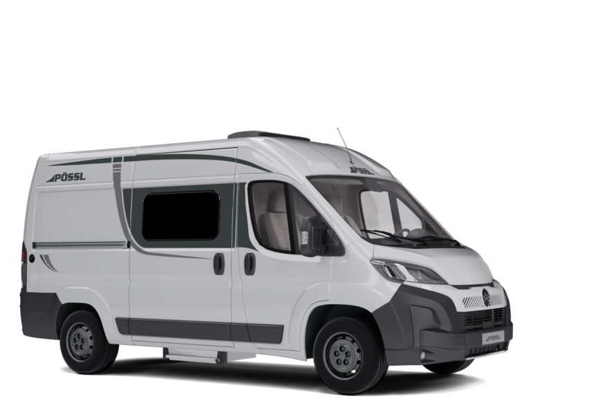 Pössl Roadcamp R kassebil på Citroën-chassis sett skrått forfra